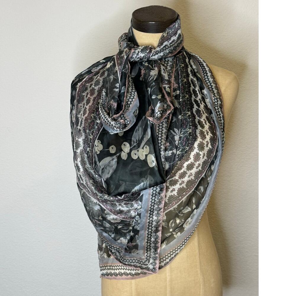 Silk Scarf Shawl Neck Tie Black Floral Bird Pattern 46 x 94 inches